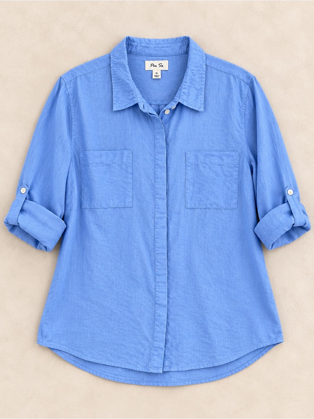 Per Se Linen Cotton Blend Button-Up Shirt XL Blue Hidden Buttons